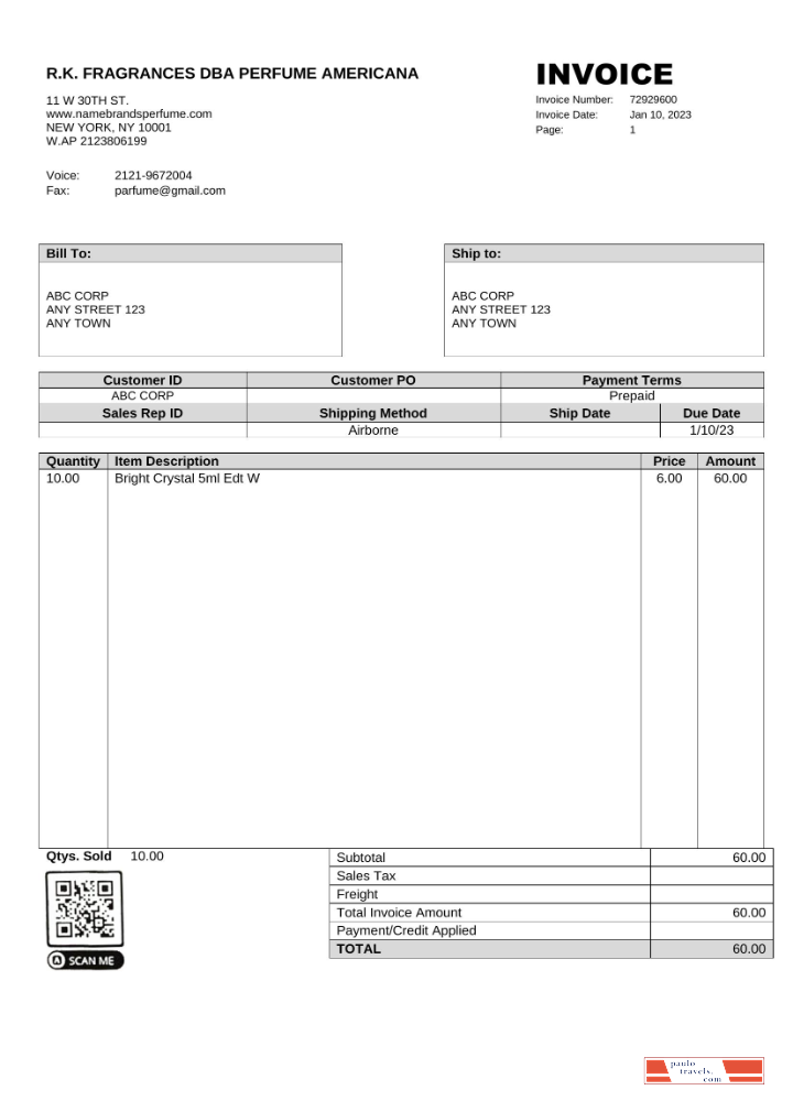 USA R.K. Fragrances DBA Perfume Americana invoice Word and PDF template PSD template